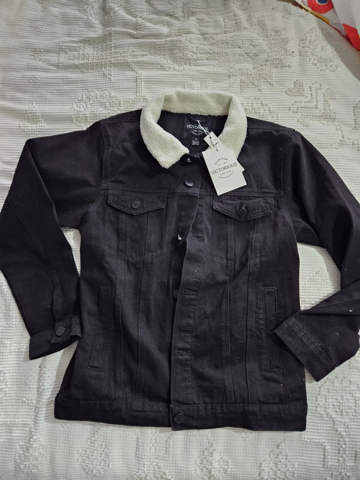 VICTORIOUS Men's Black Denim Jean Jacket Sherpa Lined Collar Sz M Casual Coat