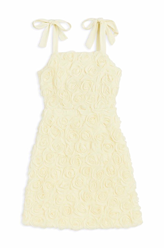 KatieJ NYC- Girls' Bonnie Roses Dress. Ivory rosettes with bow shoulders 10-12