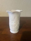 Vintage Anchor Hocking White Milk Glass Crosshatch Scalloped Rim Flower Vase