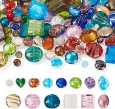 100Pcs Assorted Lampwork Glass Beads - Handmade Silver Foil Designs, Flat, Round