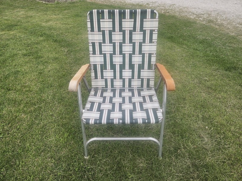 Vintage Folding Aluminum Frame Lawn Chair Green White Webbed 1970s Outdoor 