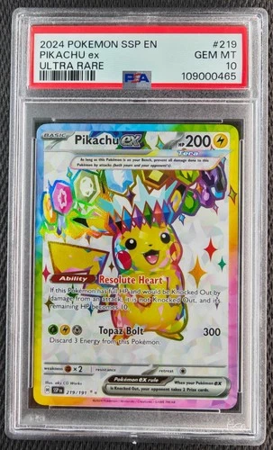 Pokémon TCG PSA 10 Pikachu ex 219/191 Sv08 Surging Sparks Ultra Rare Holo