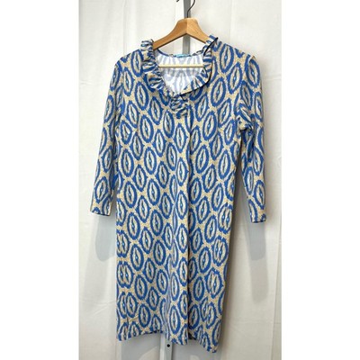 J. MCLAUGHLIN Size L Durham Ruffle Dress Hilo Tapestry Geo Ikat Print Blue Beige