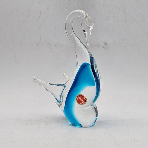 Vintage Murano Art Glass Blue Swan Figure Italy Original Label Hand Blown #8639