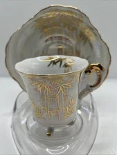 Royal Sealy China Footed Cup And Saucer Iridescent Gold Bamboo Japan