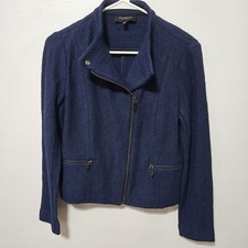 TALBOTS Boiled Wool Blend Navy Blue Moto Jacket Zip Up Blazer 2 Long Sleeve B17