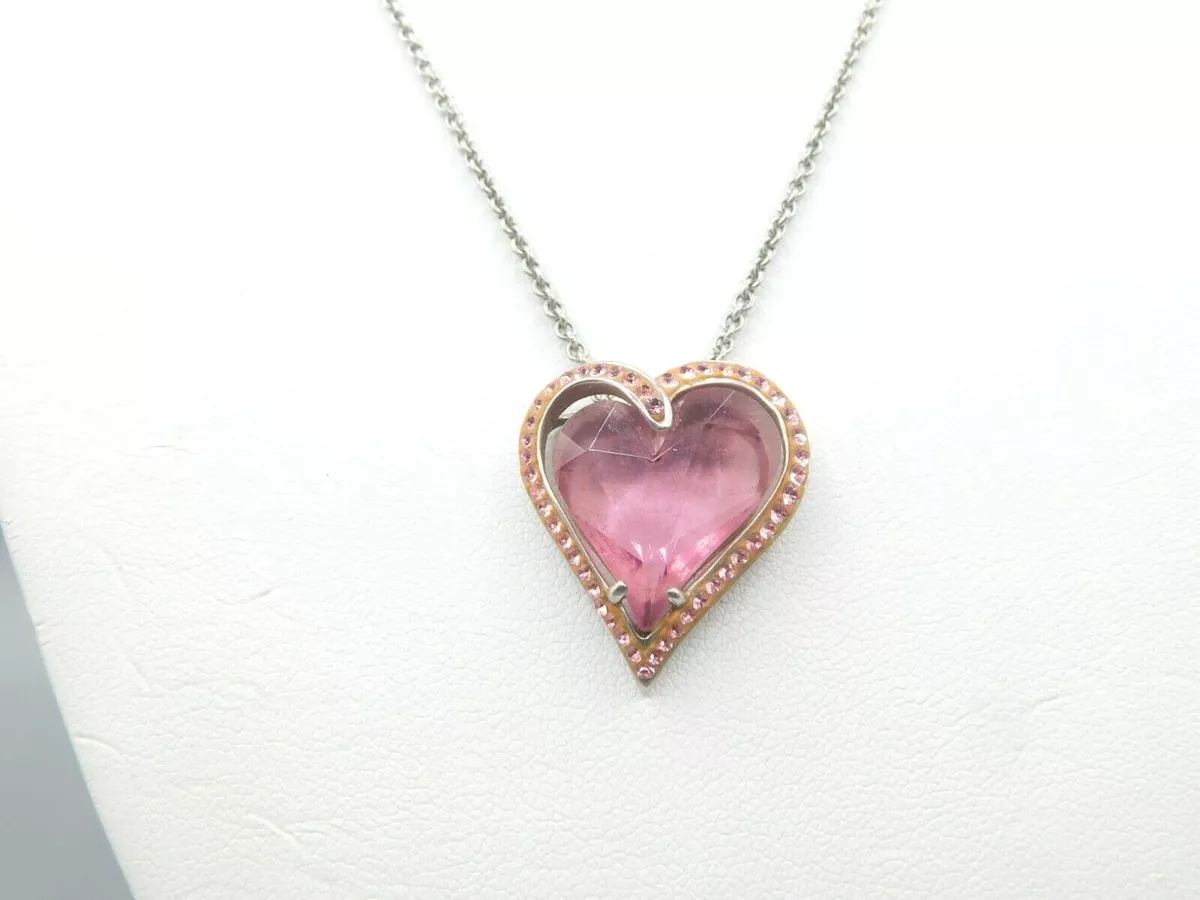 925 AU Sterling Silver Pink Crystal Pave Heart Pendant Necklace