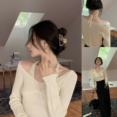 Slim Tight Sweater Top Women White Sweater Long Sleeve Fake Two-Piece  Halter | eBay