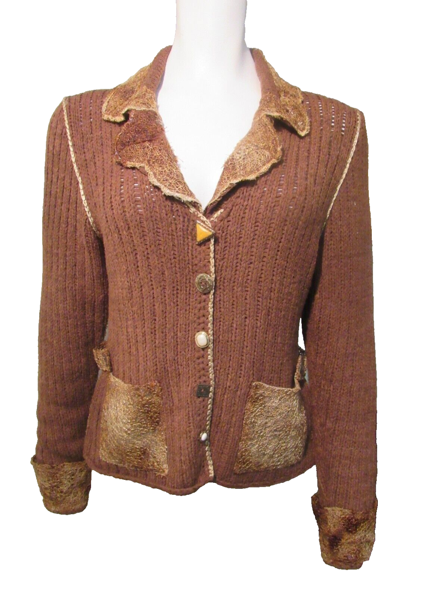 Elaris brown knit front embellished button up sweater cardigan S