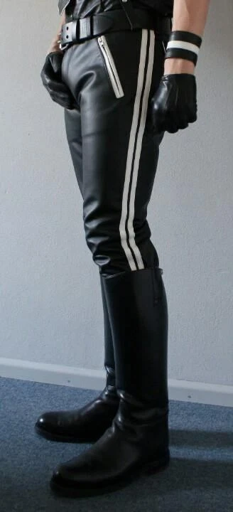 Men's Real Leather Bikers Pants With White Side Stripes & Piping Leather Pants