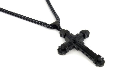 Stainless Steel Black Cz Cross Pendant with Chain Necklace ,24'' Black Curb Chain
