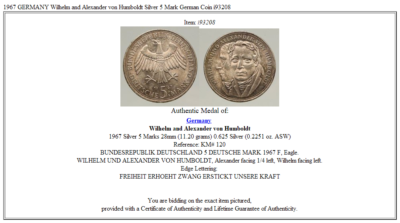 1967 GERMANY Wilhelm and Alexander von Humboldt Silver 5 Mark
