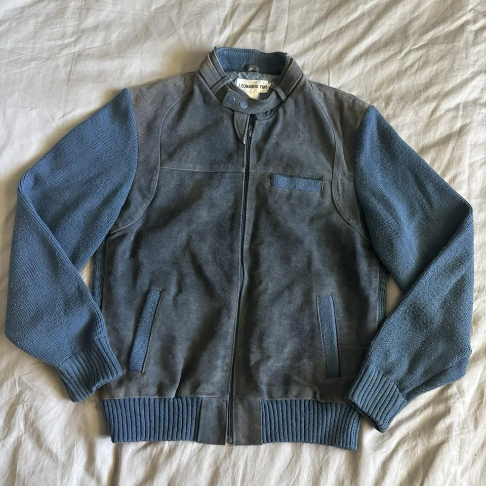 Vintage 70s Blue Leather and Knit Bomber Jacket Men’s Large - Image 2 of 4