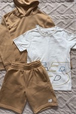 New Balance Boys Outfit - 3 Piece Tan Hoodie T-Shirt Shorts Set, Size 10