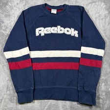 Vintage 90s Reebok Sweatshirt Mens Small Navy Blue Classic Spellout Embroidered