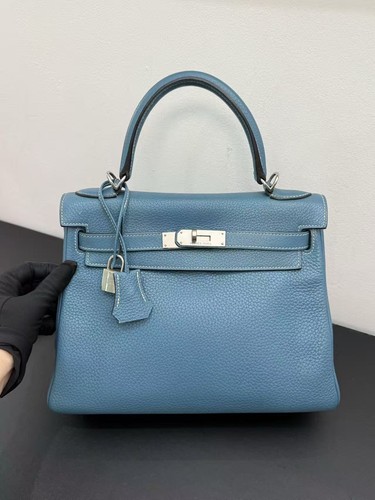 AUTH Hermès Kelly 28 Blue Jean Leather Palladium Hardware Top Handle Bag--