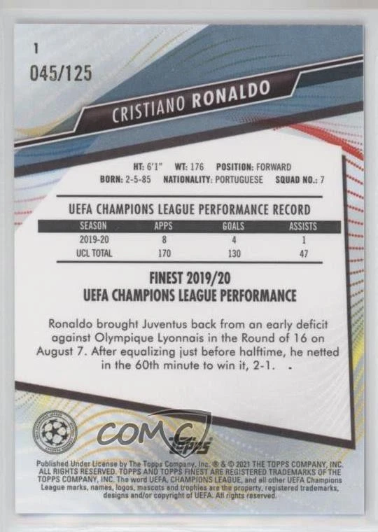 2020-21 Topps Finest UCL Pink Refractor /125 Cristiano Ronaldo #1 - Image 2 of 2