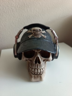 Human Skull With Headphones Baseball Cap Piggy Bank Figurine Gothic Music Decor