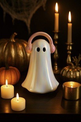Holographic Ghost Pink Headphones Glowing Eyes Figurine Rave Shabby Chic Music