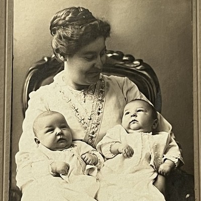Antique Photograph On Board Beautiful Proud Smiling Woman Twin Babies Norway ME