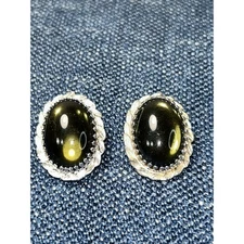 Vintage Emmons Clip On Green Glass Cabochon Earrings 1 1/4” Silvertone