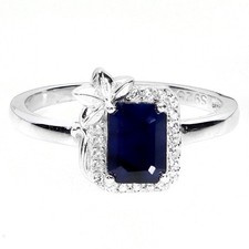 925 Sterling Silver Ring Octagon Sapphire 7x5mm Natural Gemstone Jewelry Size 7