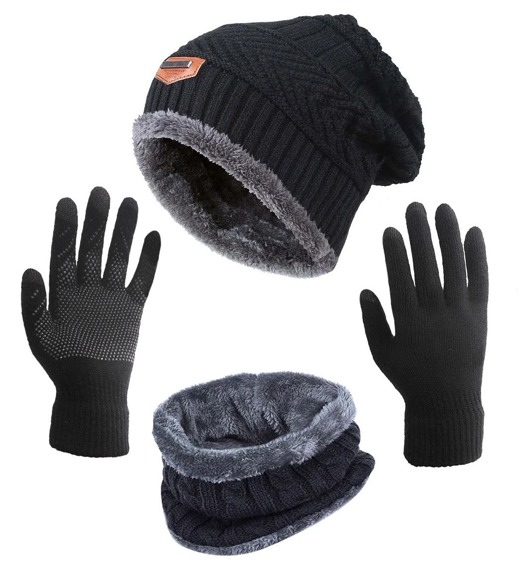 Winter Hat Scarf Gloves Slouchy Beanie Snow Knit Skull Cap Touch Screen Mitte...