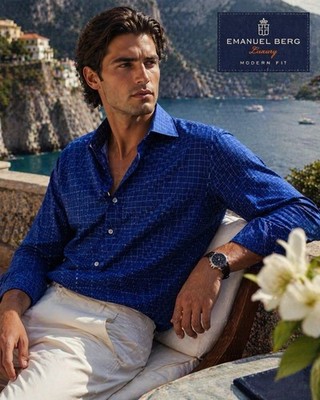 Emanuel Berg Luxury Shirt XXL Blue Check Cotton Modern Fit