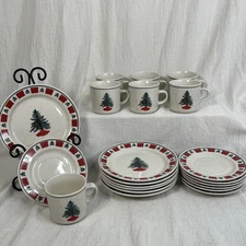 7 SETS Folk Craft Christmas Tree Salad/Saucer/Mug Holiday Homecoming Stoneware