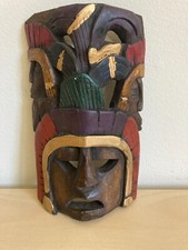 Vintage Hand Carved Wood Mask Mayan Style Tribal Tiki Wall Art Painted 7.5"