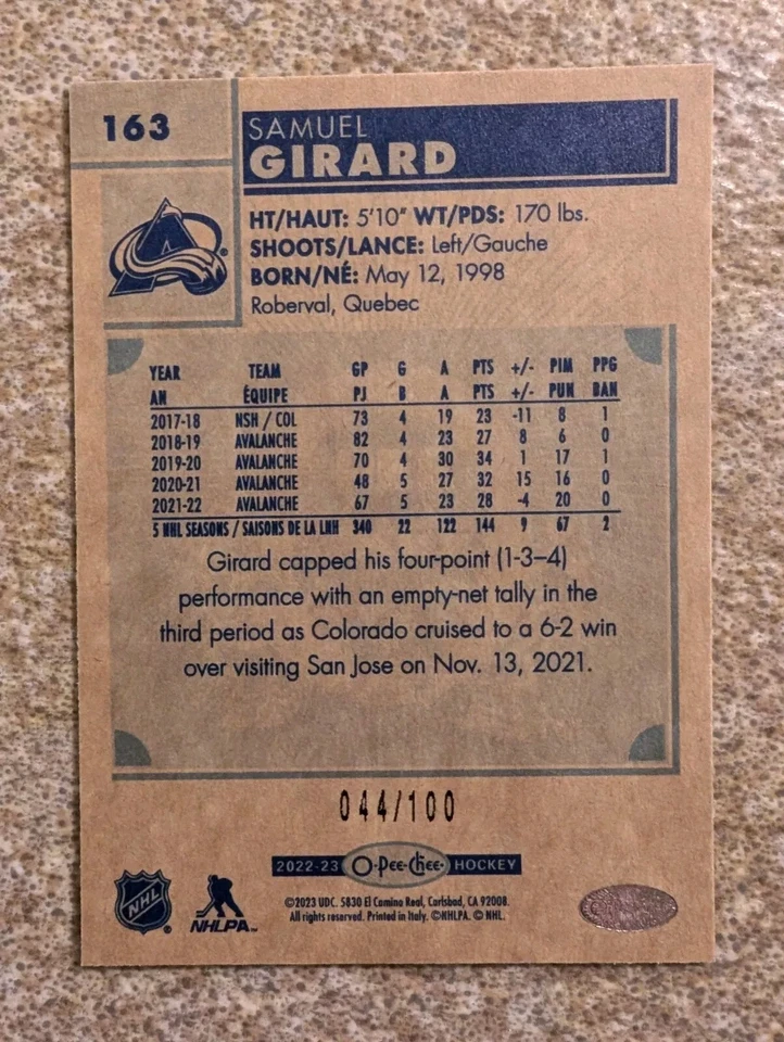 Samuel Girard O-Pee-Chee Black Border  22-23 /100 - Image 2 of 2