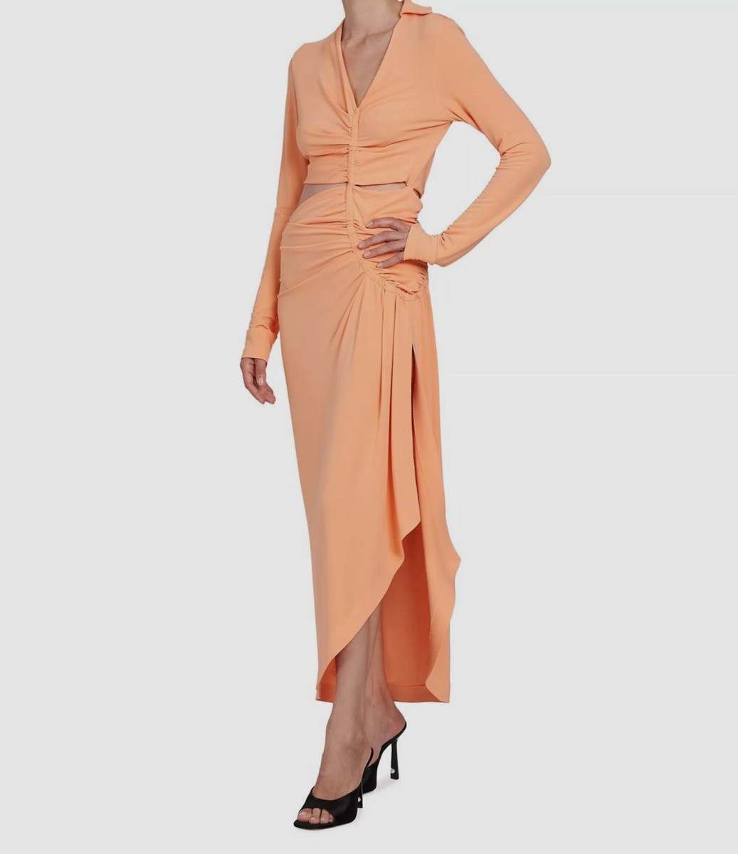 $1390 Off-White Women's Orange Ruched Cutout Crepe Midi Shirt
