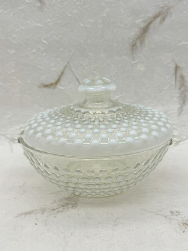 VTG 40s Moonstone Opalescent Hobnail Candy Compote Dish W Lid Anchor Hocking