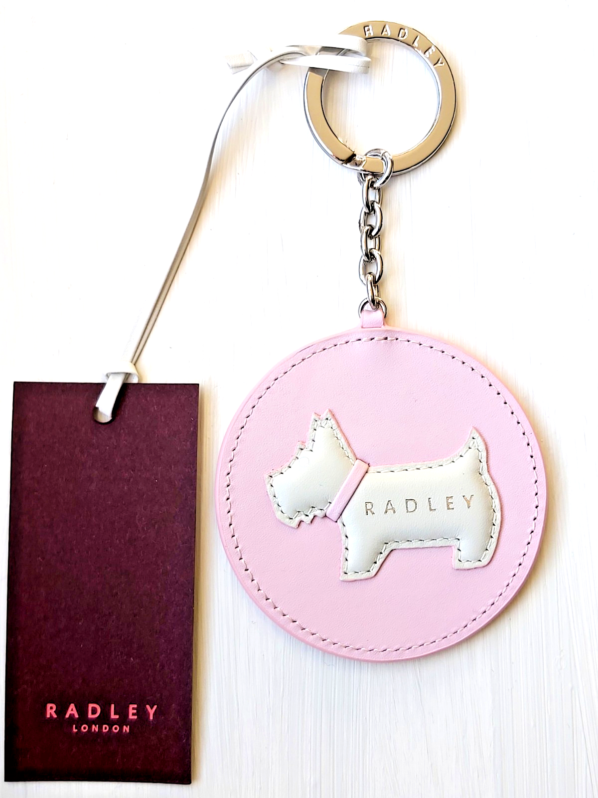 Genuine RADLEY Pink Leather White Dog KEYRING & 7cm FOB SUPERB !! New Rad2