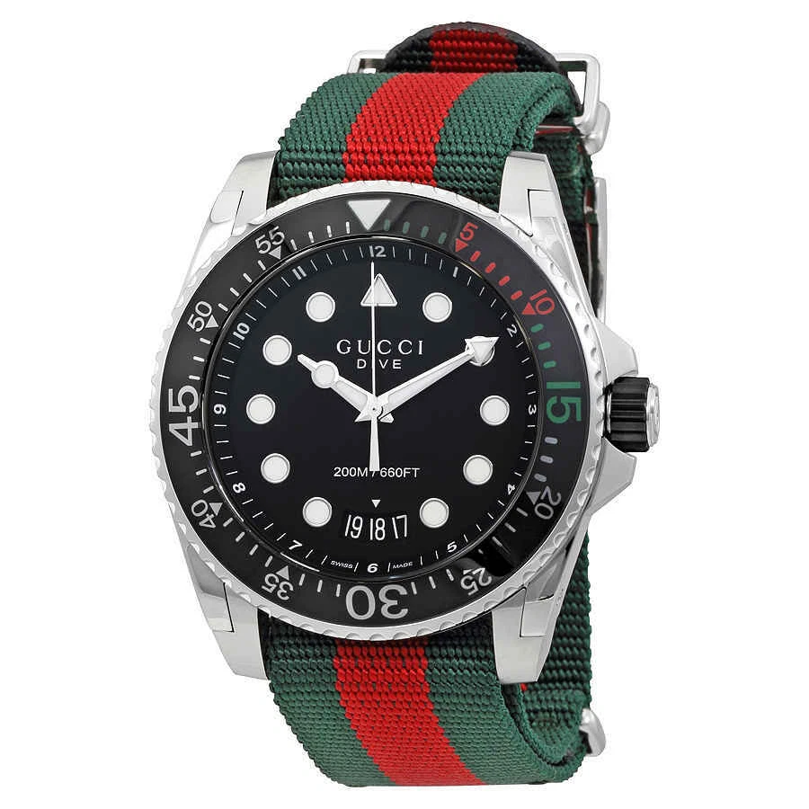 Gucci Dive Black Dial Green and Red Nylon Men's Watch YA136209