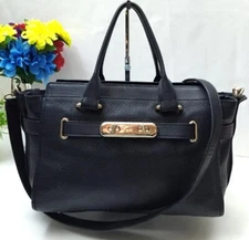 Coach 1941 Swagger 27 Black Pebbled Leather Double Turnlock Satchel Bag - $450
