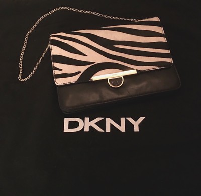 DKNY Black Leather Pony Hair Clutch with Chain Bag Purse