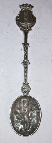 Vintage Dutch Silver Amsterdam Crest of Arms Souvenir Spoon Tavern Scene 4.25” - Afbeelding 1 van 6