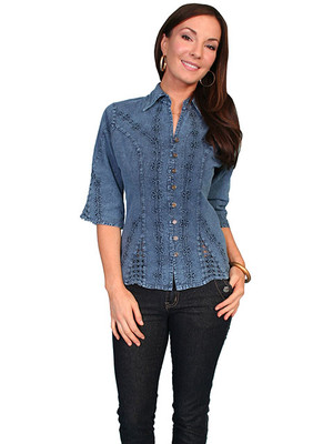 Chemisier Femme SCULLY CANTINA - Bleu Violet Boutonné - Manches 3/4 - 100% Coton - Tailles XS à 2XL - Neuf Avec étiquettes