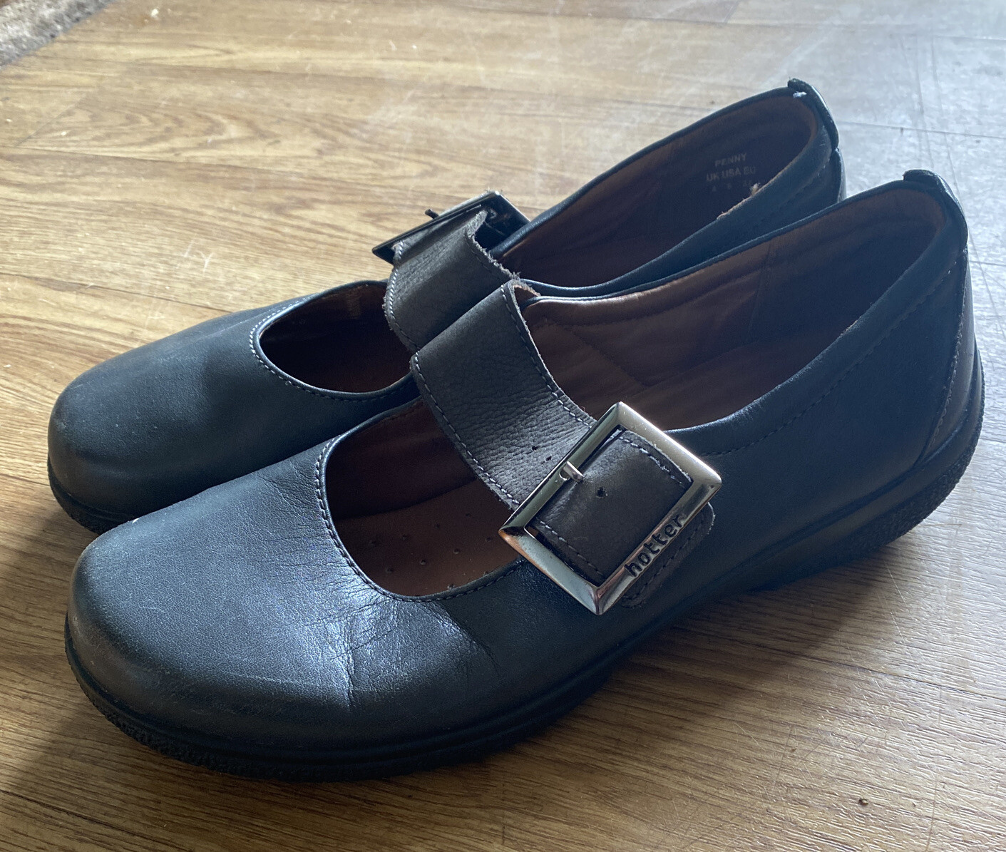 Womens HOTTER Shoes Size 4 Grey Leather Comfort shoes Mary Jane Style