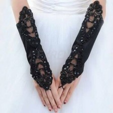 Fingerless Satin Gloves w/ lace  sequins - Choose White Red Black Wedding Prom