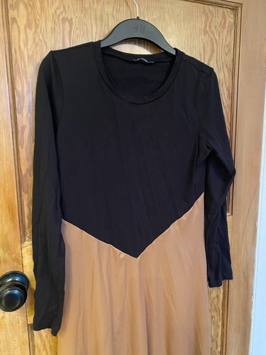 Zara Black Long Sleeve Light Brown Beige Silk Feel Skirt Dress Size S Small - Picture 3 of 6