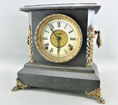 Anique 1891-07 Ornate Ingraham Rival Model Black Adamantine Mantel Parlor Clock