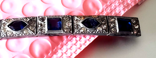 Silver Link Bracelet w/Blue Stones 7" Long & 9mm Wide Vintage - Picture 13 of 14