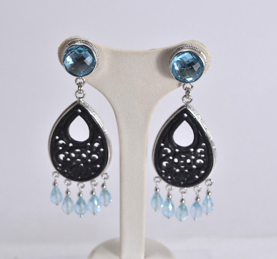 OHRRINGE SILBER 925 TROPFEN SCHWARZE JADE UND BLAUTOPAS ANHÄNGER AGHT 0853