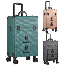 Large Makeup Trolley Case 3 in 1 Beauty Vanity Cosmetic Case on Wheel Green Gold