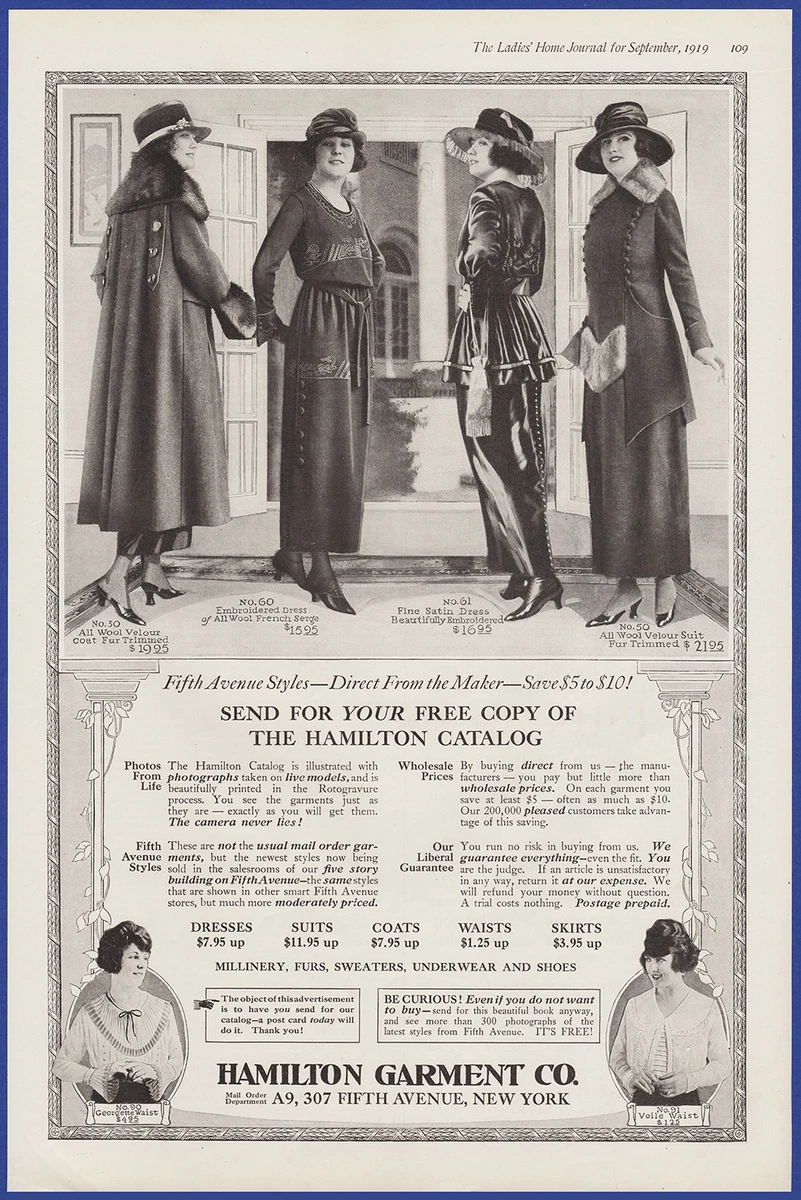 Vintage 1919 HAMILTON GARMENT Co. Dresses Suits Skirts Fashion Ephemera Print Ad