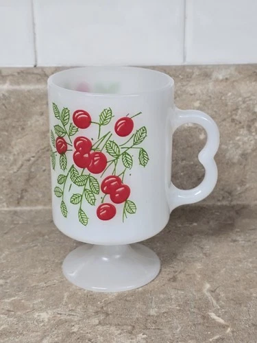 Vintage Milk Glass Cherries Coffee Mug Cup Heart-Shape Handle USA Heat Proof