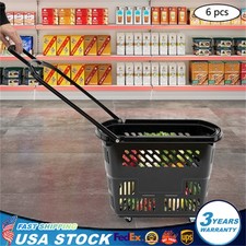 6pcs 35L Retail Cart Wheels W/ Handle Rolling Shopping Basket Trolley Black
