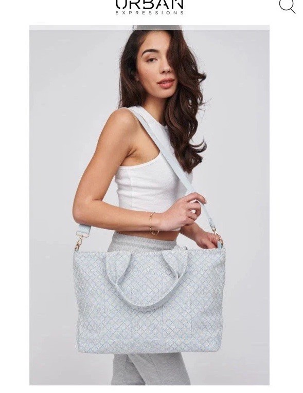 New Dorret Tote with Adjustable Strap - Light Blue & White Weekender Bag